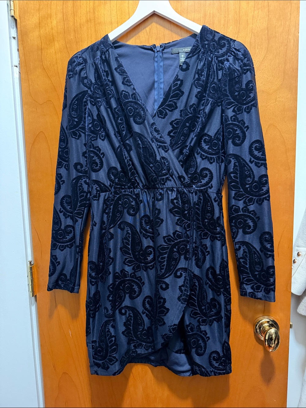 Aqua Navy Velvet Paisley Long Sleeve Wrap Dress